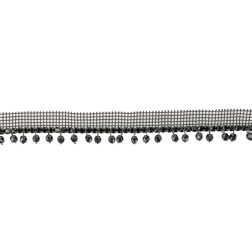 Vintage Jet Circular Rhinestone Trimming on Black Mesh with Faceted Beaded Fringe - 1"