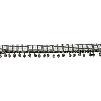 Vintage Jet Circular Rhinestone Trimming on Black Mesh with Faceted Beaded Fringe - 1"