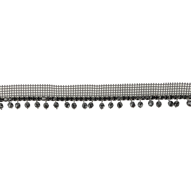 Vintage Jet Circular Rhinestone Trimming on Black Mesh with Faceted Beaded Fringe - 1"