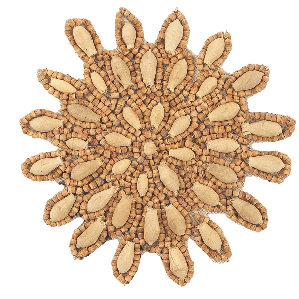 Vintage Natural and Chestnut Wood Beaded Abstract Floral Applique - 3.5" x 3.5" Detail