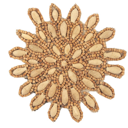 Vintage Natural and Chestnut Wood Beaded Abstract Floral Applique - 3.5" x 3.5" Detail