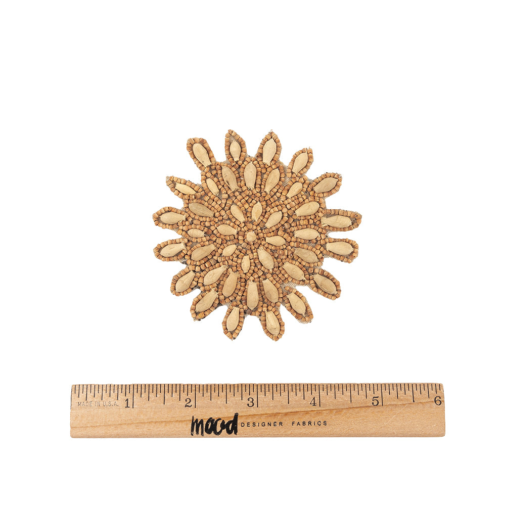 Vintage Natural and Chestnut Wood Beaded Abstract Floral Applique - 3.5" x 3.5" Full