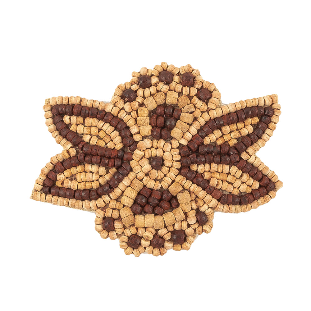 Vintage Brown and Natural Wood Beaded Abstracted Floral Applique - 2.75" x 2.125" Detail