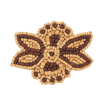 Vintage Brown and Natural Wood Beaded Abstracted Floral Applique - 2.75" x 2.125" Detail
