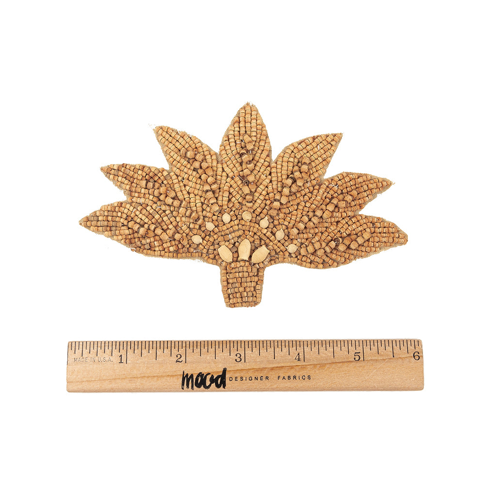 Vintage Light and Natural Wood Beaded Abstracted Feather Bouquet Applique - 3.5" x 5.625" Full