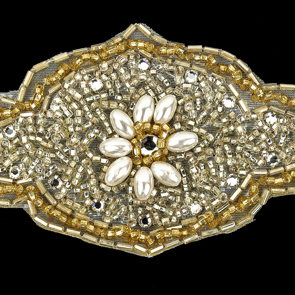 Vintage Gold Beaded and Rhinestone Floral Diamond Shaped Applique - 5.75" x 2.875" Detail