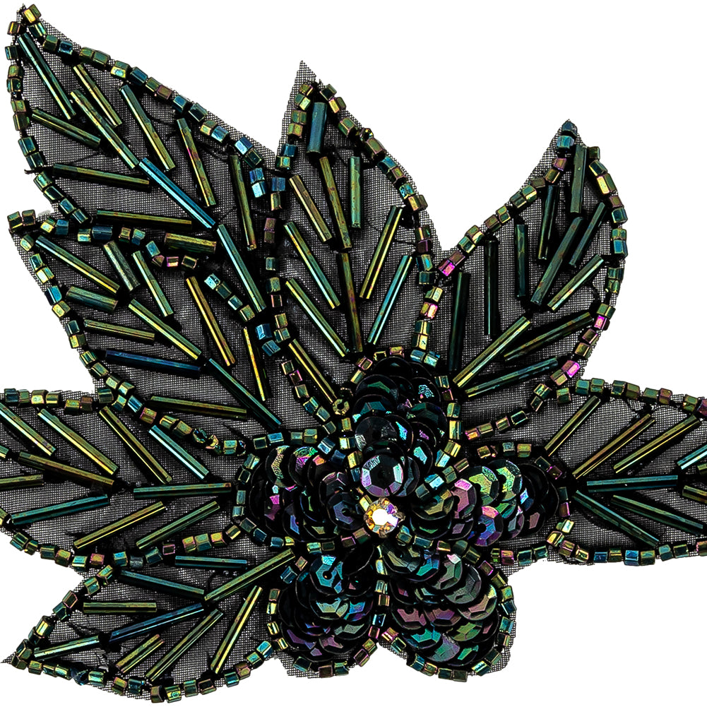 Vintage Green Iris Sequins and Multi-lined Bugle Beaded Floral Applique with Rhinestone Center - 4" x 4.375" Detail