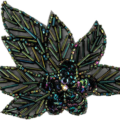 Vintage Green Iris Sequins and Multi-lined Bugle Beaded Floral Applique with Rhinestone Center - 4" x 4.375" Detail