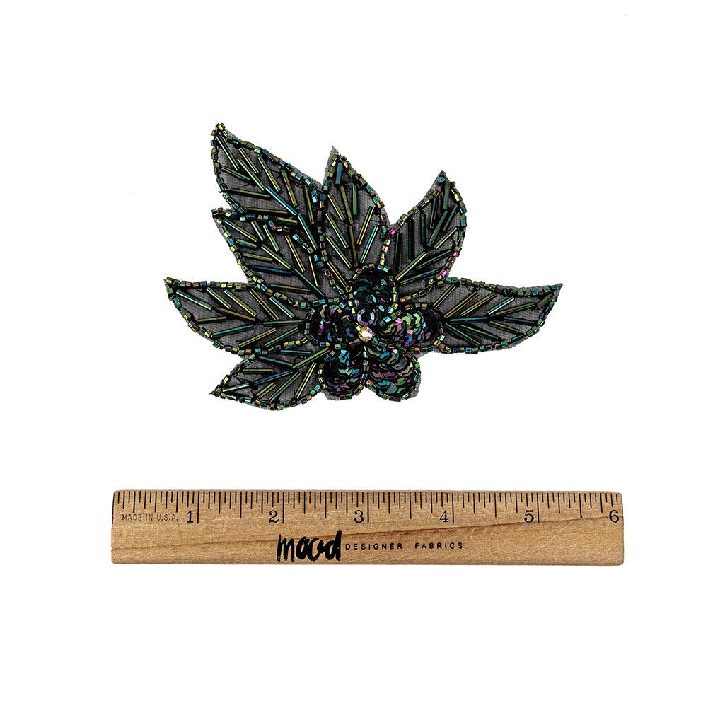 Vintage Green Iris Sequins and Multi-lined Bugle Beaded Floral Applique with Rhinestone Center - 4" x 4.375" Full