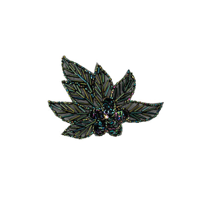 Vintage Green Iris Sequins and Multi-lined Bugle Beaded Floral Applique with Rhinestone Center - 4" x 4.375"