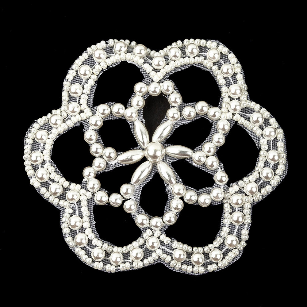 Vintage Iridescent White and Pearl Beaded Floral Applique - 3" Detail