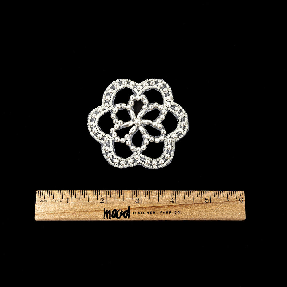 Vintage Iridescent White and Pearl Beaded Floral Applique - 3" Full