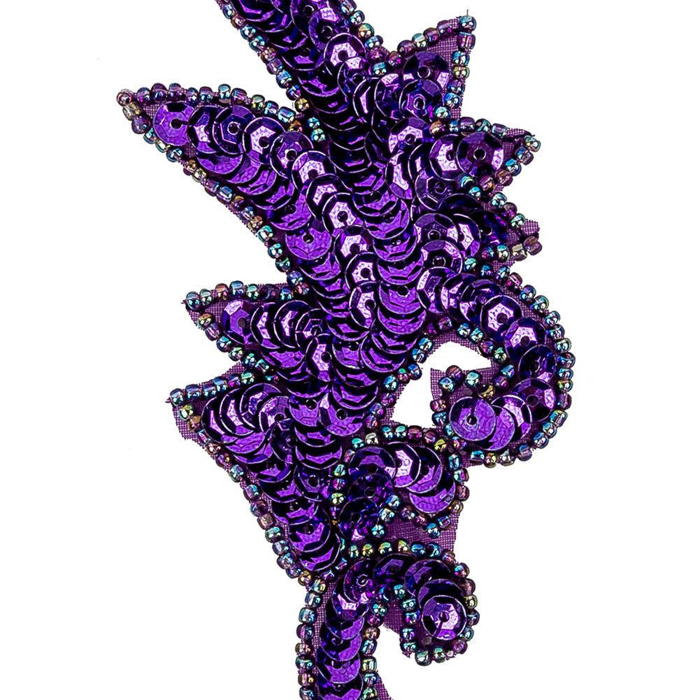 Vintage Purple Iris Sequins and Iridescent Seed Beaded Leaf Applique - 3.75" x 1.75" Detail