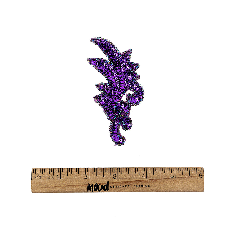 Vintage Purple Iris Sequins and Iridescent Seed Beaded Leaf Applique - 3.75" x 1.75" Full
