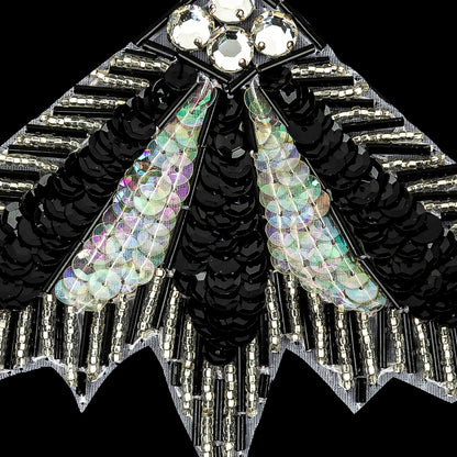 Vintage Crystal Iris and Black Sequins with Crystal Rhinestones Silver and Black Beaded Abstract Fan Applique - 4.25" x 7" Detail