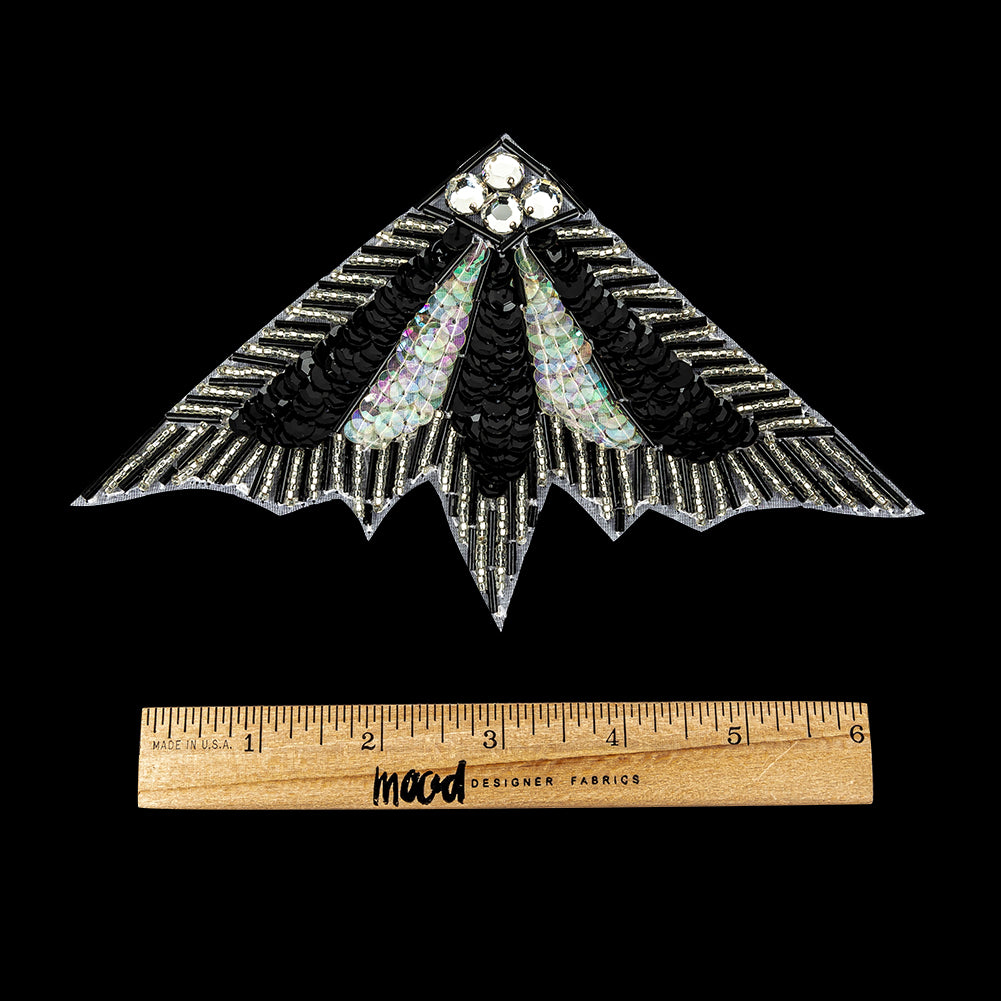 Vintage Crystal Iris and Black Sequins with Crystal Rhinestones Silver and Black Beaded Abstract Fan Applique - 4.25" x 7" Full