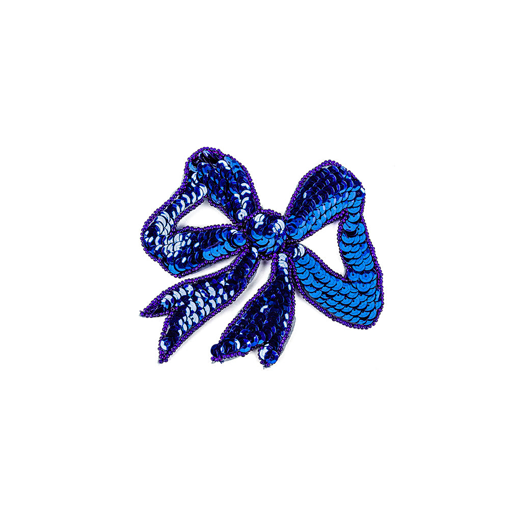 Vintage Royal Blue Sequins Bow Applique with Beaded Outline - 4.375" x 4.5"