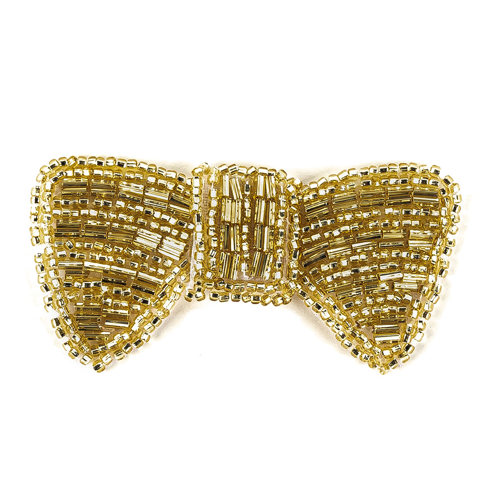 Vintage Gold-lined Bugle and Seed Beaded Bow Tie Applique - 1.5" x 3" Detail