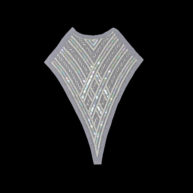 Vintage Translucent Multicolored Sequins and Silver-lined Zig-Zag Bugle Beaded Sheer Panel Applique - 13.5" x 9.375"