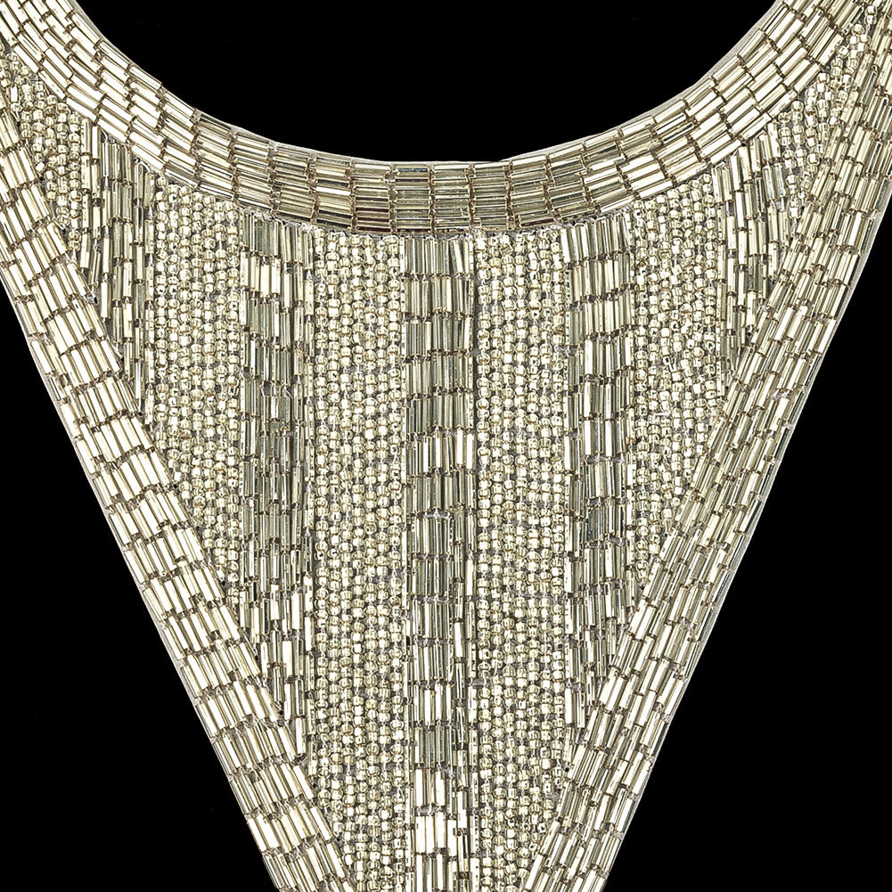 Vintage Silver-lined Chop and Bugle Beaded Triangular Collar Applique - 10" x 8.625" Detail