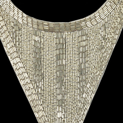 Vintage Silver-lined Chop and Bugle Beaded Triangular Collar Applique - 10" x 8.625" Detail