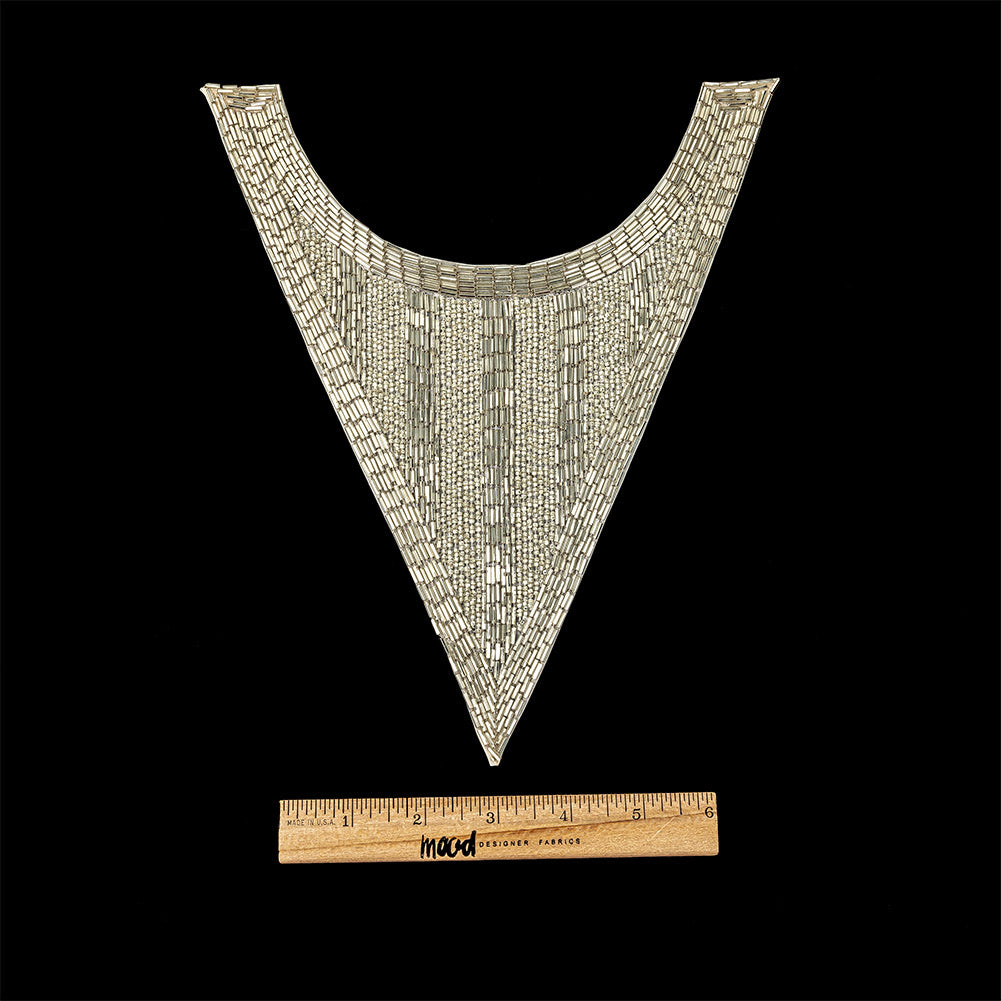 Vintage Silver-lined Chop and Bugle Beaded Triangular Collar Applique - 10" x 8.625" Full