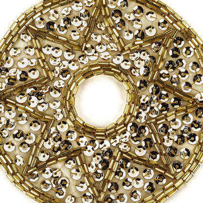 Vintage Gold-lined Bugle Beads and White Gold Sequins Circular Star Applique - 4.375" x 4.375" Detail