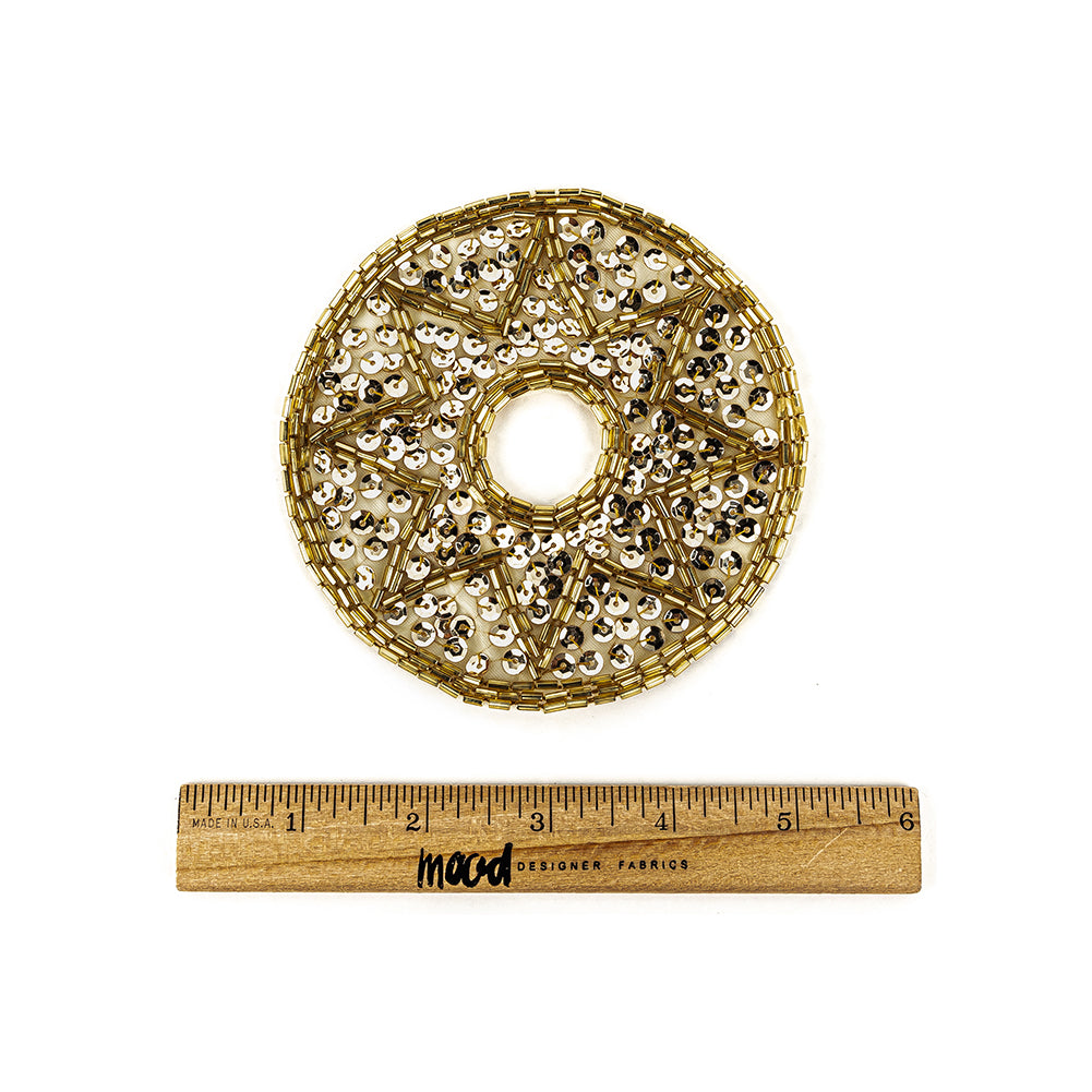 Vintage Gold-lined Bugle Beads and White Gold Sequins Circular Star Applique - 4.375" x 4.375" Full