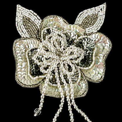 Vintage White Iris and Pearl, Silver Sequins and Beaded 3D Floral Applique with Crystal Bead Center - 6.625" x 4.25" Detail