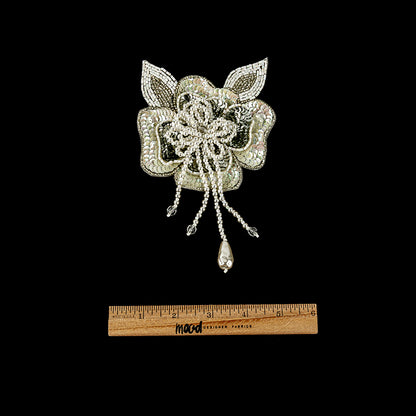 Vintage White Iris and Pearl, Silver Sequins and Beaded 3D Floral Applique with Crystal Bead Center - 6.625" x 4.25" Full