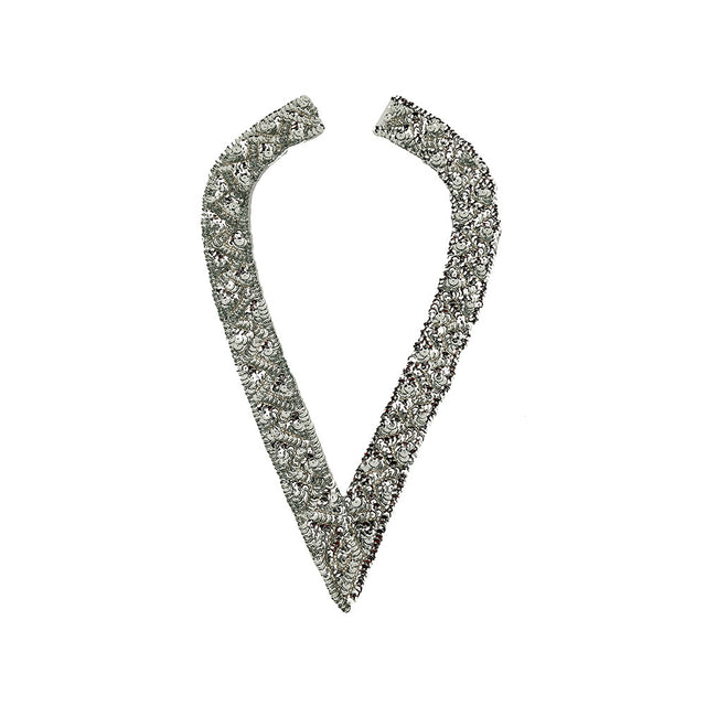 Vintage Silver Sequins and Beaded Pointy Collar Applique - 15" x 8"