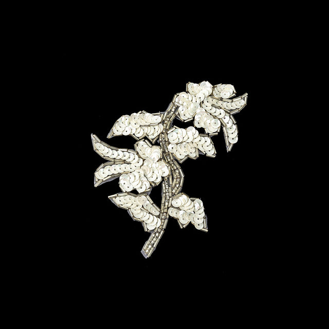 Vintage White Iris Sequins and Silver Bugle Beaded Floral Applique - 4.75" x 3.75"
