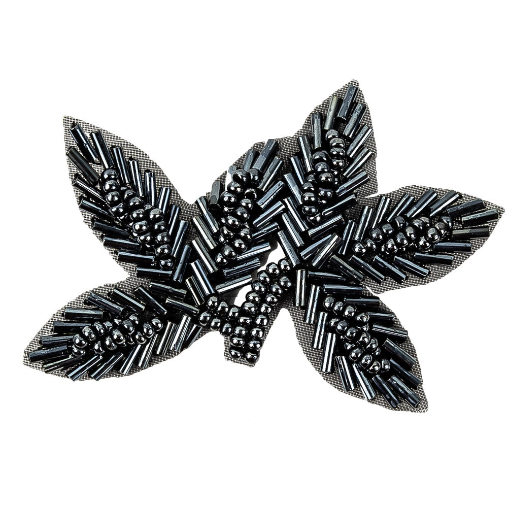 Vintage Gunmetal Bugle and Seed Beaded Foliage Applique - 2.25" x 3.25" Detail