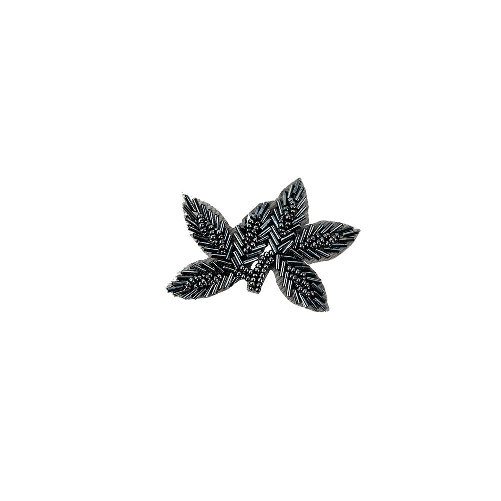 Vintage Gunmetal Bugle and Seed Beaded Foliage Applique - 2.25" x 3.25"