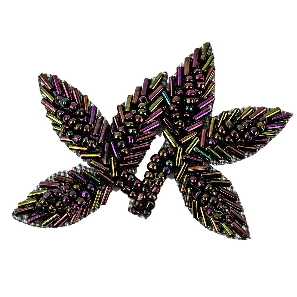 Vintage Purple Iris Bugle and Seed Beaded Foliage Applique - 2.25" x 3.25" Detail