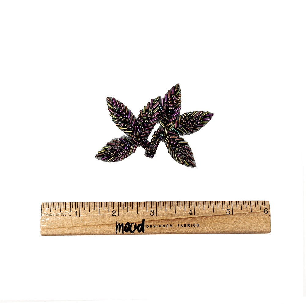 Vintage Purple Iris Bugle and Seed Beaded Foliage Applique - 2.25" x 3.25" Full