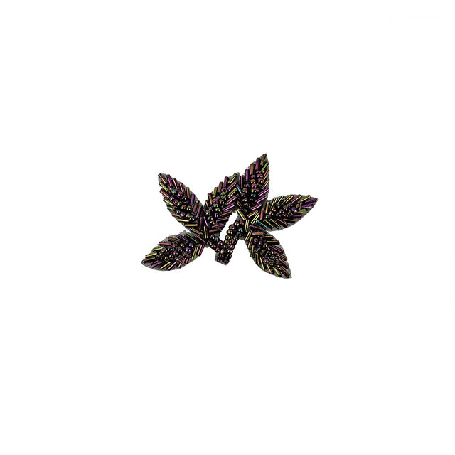 Vintage Purple Iris Bugle and Seed Beaded Foliage Applique - 2.25" x 3.25"