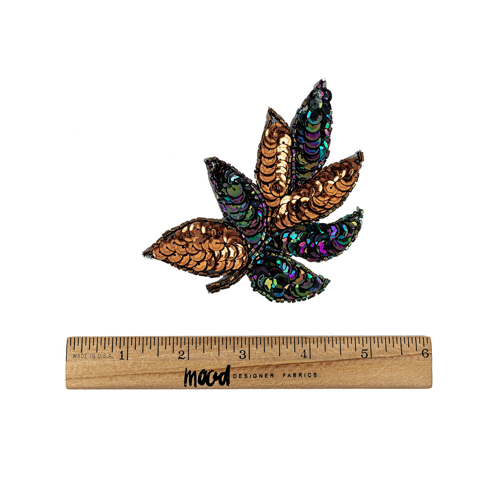 Vintage Bronze and Purple Iris Sequins and Beaded Leaf Applique - 4" X 3" Full