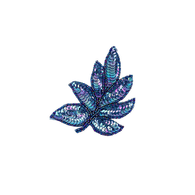 Vintage Royal Blue Iris Sequins and Blue-lined Beaded Leaf Applique - 4" X 3"