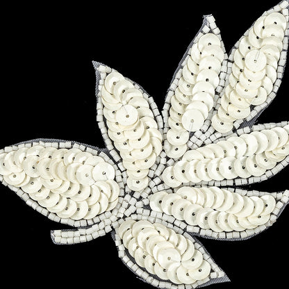 Vintage Off-White Sequins and White-lined Beaded Leaf Applique - 4" X 3" Detail