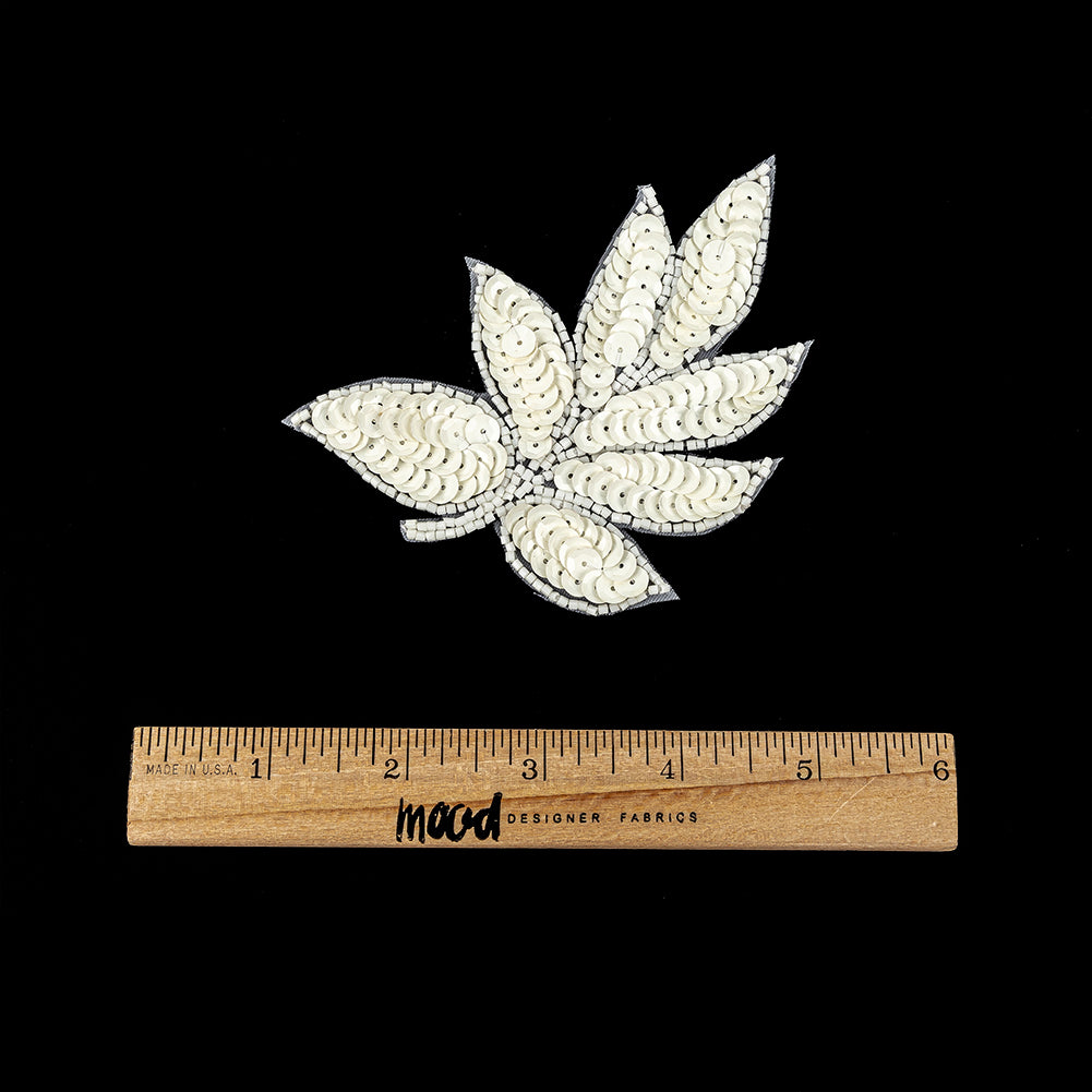 Vintage Off-White Sequins and White-lined Beaded Leaf Applique - 4" X 3" Full
