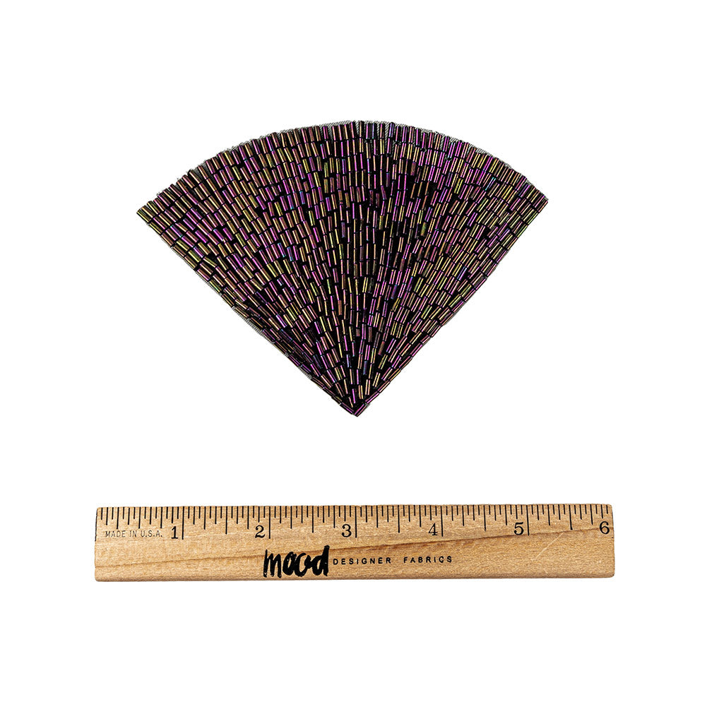 Vintage Purple Iris Beaded Fan Applique - 3.5" x 5" Full