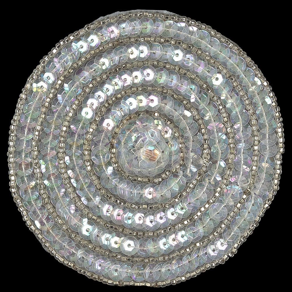 Vintage White Iris Sequins and Silver Lined Seed Beaded Concentric Circles Applique - 3.375" Detail