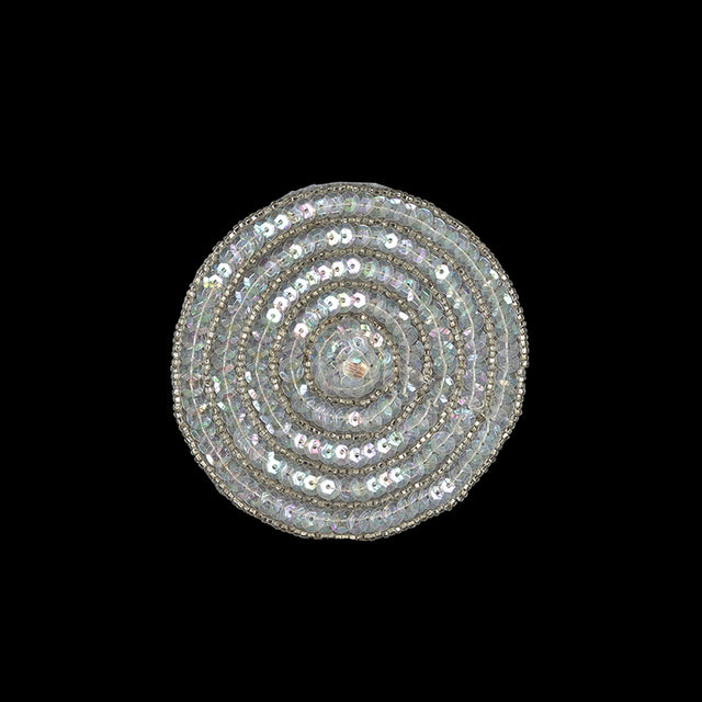Vintage White Iris Sequins and Silver Lined Seed Beaded Concentric Circles Applique - 3.375"