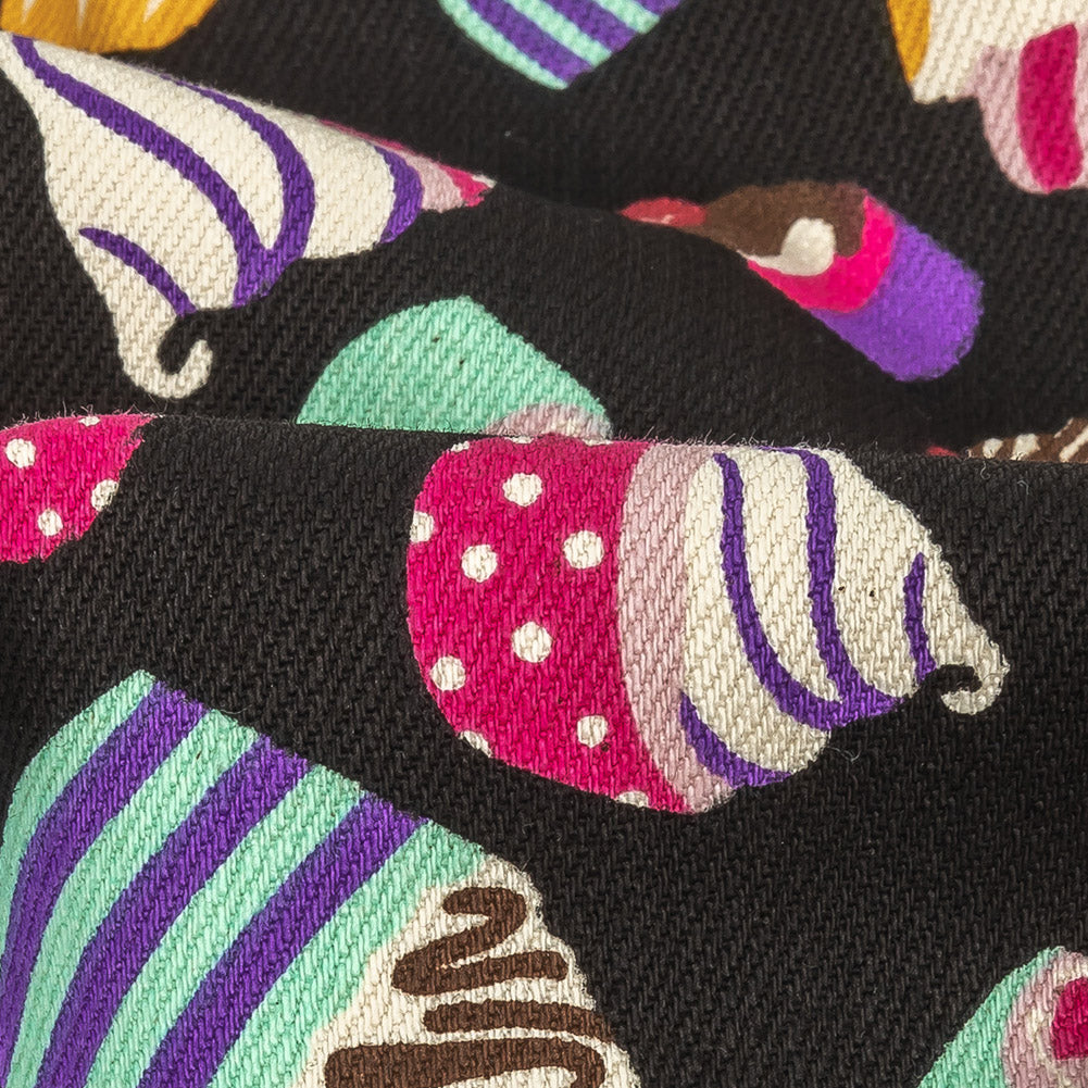 Black and Pink Cupcakes Printed Stretch Cotton Denim Detail