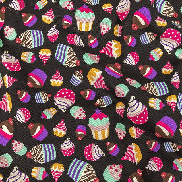 Black and Pink Cupcakes Printed Stretch Cotton Denim