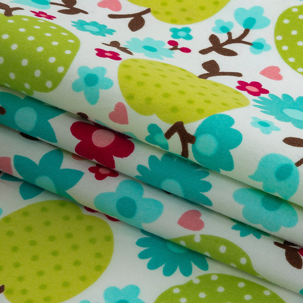 Green Glow Polka-Dotted Apples and Aqua Floral Printed Cotton Poplin Folded