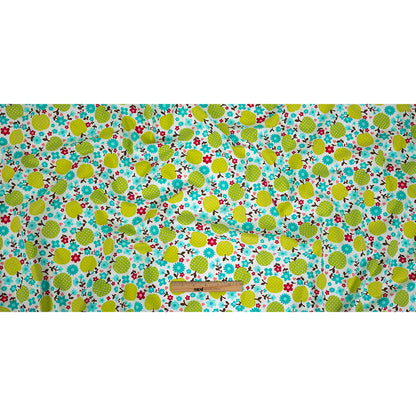 Green Glow Polka-Dotted Apples and Aqua Floral Printed Cotton Poplin Full