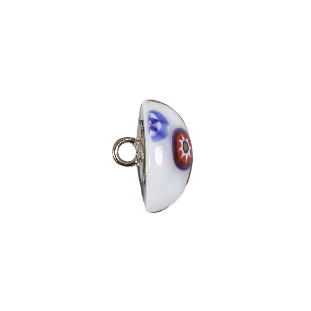 Vintage White, Red and Blue Mosaic Domed Shank Back Glass Button - 24L/15mm Folded