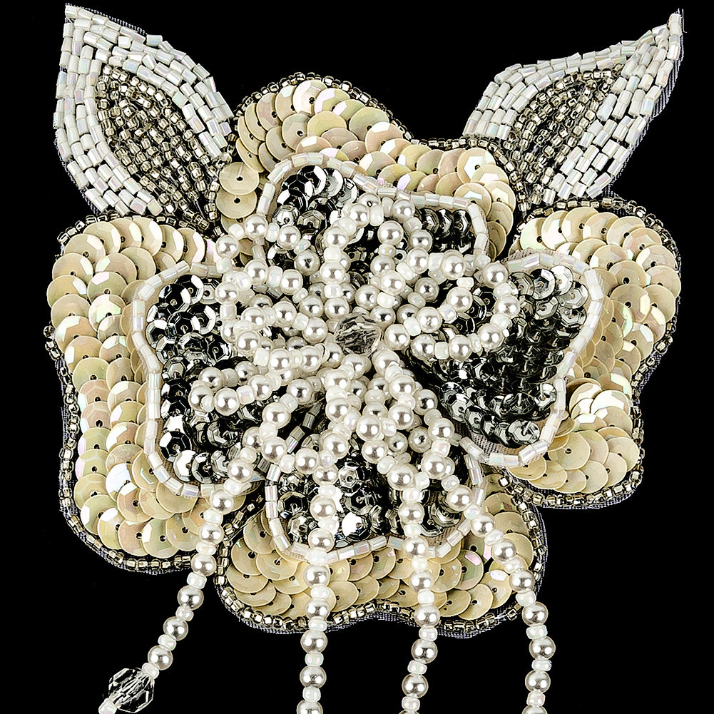 Vintage Golden Iris and Pearl, Silver Sequins and Beaded 3D Floral Applique with Crystal Bead Center - 6.625" x 4.25" Detail